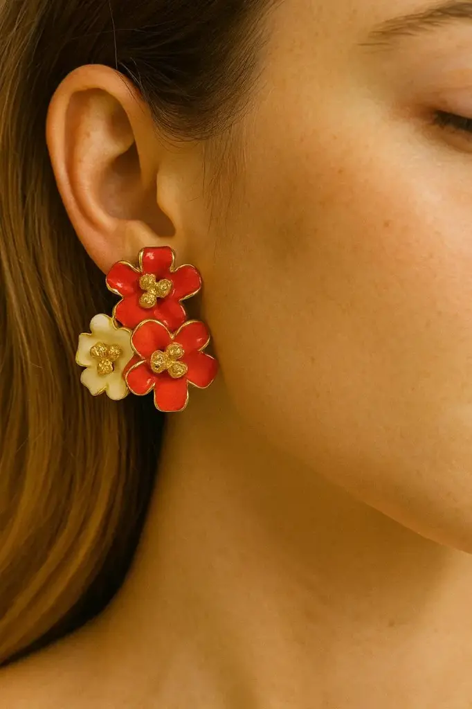 Gold toned orange pink & beige colour flower earrings.