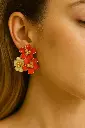 Gold toned orange pink & beige colour flower earrings.