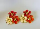 Gold toned orange pink & beige colour flower earrings.