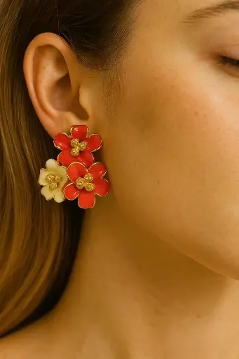 [SM-19] Gold toned orange pink & beige colour flower earrings.