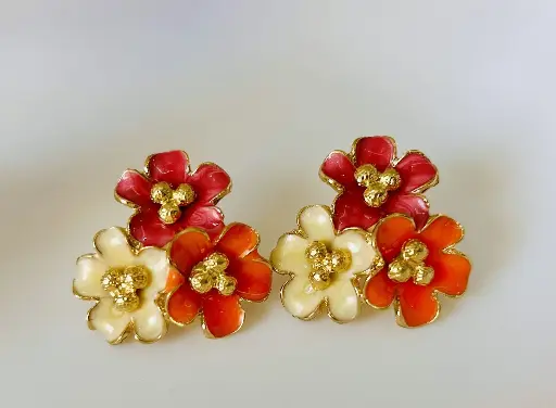 [SM-19] Gold toned orange pink & beige colour flower earrings.