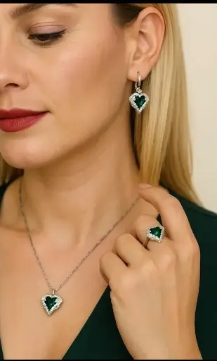 [SM-25] Silver Green Heart Pendent Se