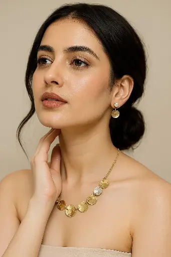 [SM-48] Golden Textured Disc & Crystal Necklace Set