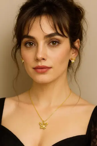 [SH-46] Golden Butterfly Necklace Earrings Set